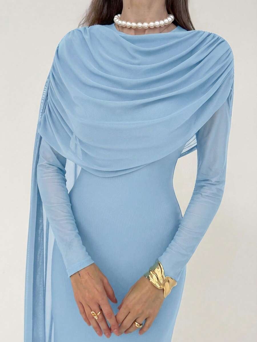 Aloruh Elegant Ruched Solid Color Dress, Casual & Party Wear - Baby Blue - View 1