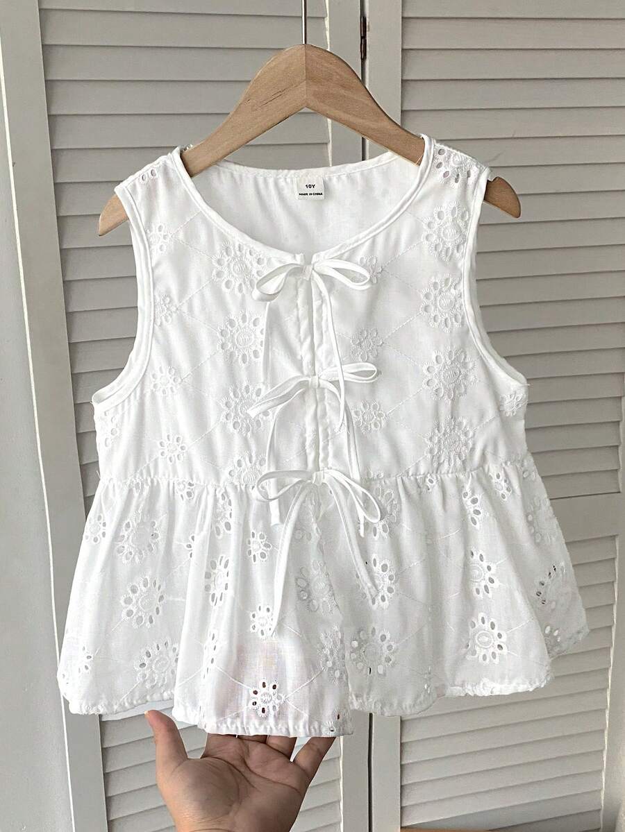 SHEIN Tween Girls' Casual Everyday Vacation Textured Bow Front Blouse - White - View 1