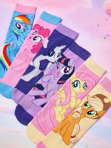 My Little Pony X SHEIN 3双装不对称袜子，柔软透气吸湿，休闲不对称设计，中筒袜，甜美卡通图案，时尚可爱糖果色，女士及女孩袜子，加固趾部和脚跟，经久耐穿，四季皆宜，百搭夏季冬季，图案袜子，Y2K风格，糖果色。 - 彩色 - 查看 3