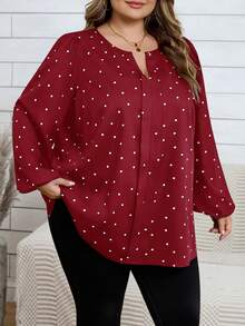 SHEIN CURVE+ Áo sơ mi dài tay cổ chữ V cỡ lớn, in họa tiết hoa toàn thân, kiểu dáng thường ngày. - Màu Đỏ Sâu - Xem 6