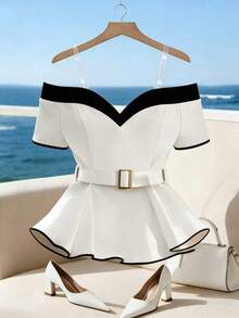 Franclia 女士优雅时尚简约百搭黑白撞色金属太阳扣装饰荷叶边下摆衬衫，夏季 - 米色 - 查看 3