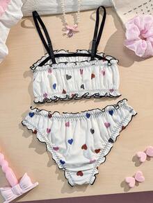 Cute Ribbed Heart Print Ruffle Trim Women's Bralette And Panty Set - Multicolor - View 4
