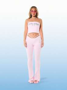 BABYPHAT Strapless Bandeau Tube Top With Gothic Text Print Crop Length Summer Fashion Top - Pink - View 4