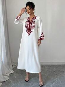 Elenzga Long Dress For Women, New Fashion Loose Retro Print Long Dress - Red and White - View 5