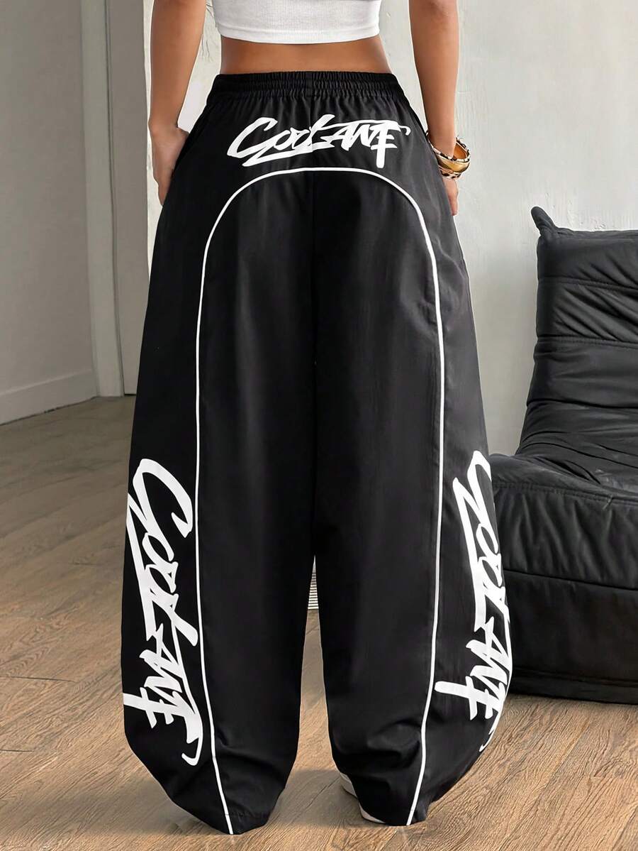 Coolane 女士春夏休闲运动嘻哈条纹纹理装饰运动裤 - 黑色 - 查看 1