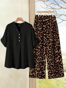 EMERY ROSE Women's Plus Size Solid V-Neck Top And Leopard Print Wide Leg Pants 2-Piece Casual Set - Multicolor - View 1