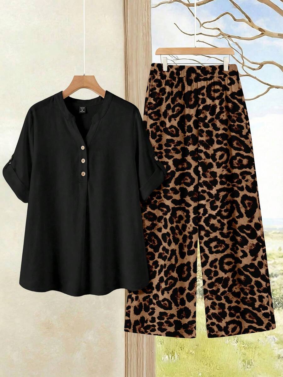 EMERY ROSE Women's Plus Size Solid V-Neck Top And Leopard Print Wide Leg Pants 2-Piece Casual Set - Multicolor - View 1