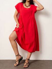Enliva 大码女式短袖宽松A字连衣裙，采用柔软棉质面料。红色夏季沙滩连衣裙，适合苹果型和圆润身材。 - 紅色 - 查看 5