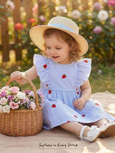 Cozy Pixies Vestido de manga corta con cuello redondo y estampado de fresa para bebé niña, versátil y cómodo
