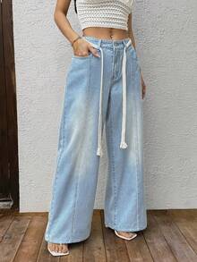 Sunnyshic 休闲水洗牛仔裤，配腰带，低腰 - 淺色水洗藍 - 查看 5