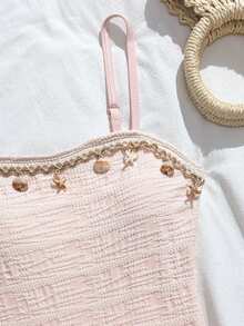 SHEIN Teen GirlOne-Piece Swimsuit, Wavy Shell Trim & Mesh Skirt, Beach & Pool Casual Vacation, Spring/Summer - Pink - View 4