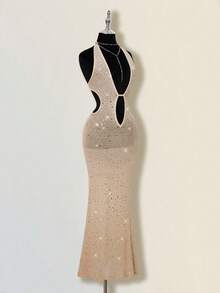 SHEIN ICON Women's Apricot Deep V Rhinestone Sheer Backless Maxi Mermaid Dress, Sexy For Party And Events,Summer Dresses For Women - Nude - View 6