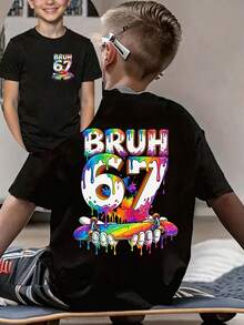 男童泼墨、滑板和字母印花图案T恤，休闲柔软舒适短袖上衣，夏季款 - 黑色 - 查看 1