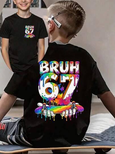 Boys' Graphic Tee With Splatter, Skateboard & Letter Print, Casual Soft & Comfortable Short Sleeve Top, Summer