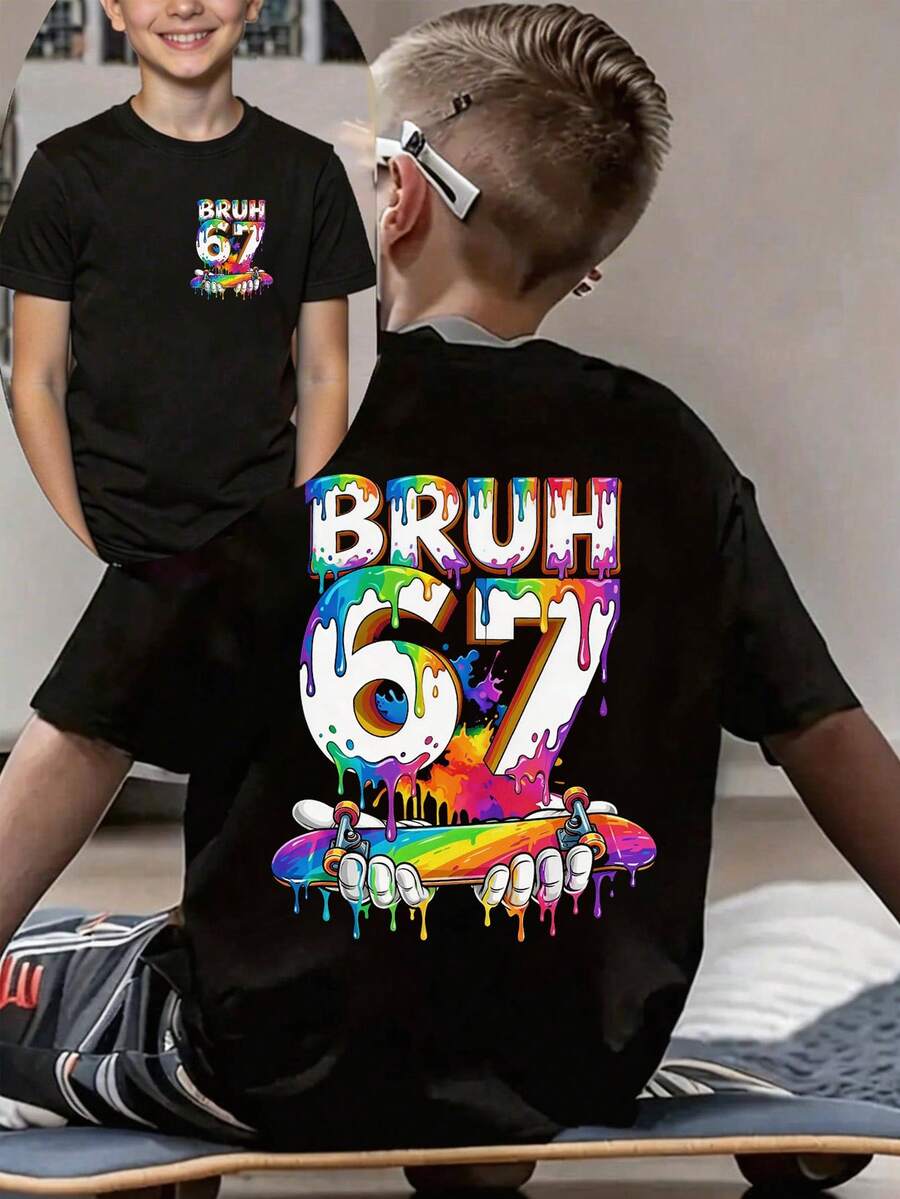 男童泼墨、滑板和字母印花图案T恤,休闲柔软舒适短袖上衣,夏季款 - 黑色 - 查看 1