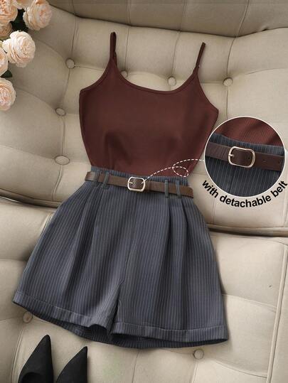 SHEIN PETITE Women's Casual Versatile Commuting Camisole Top In Brown Elastic Knit, Paired With Gray Striped Wide Leg Shorts/Pants With Belt, Elegant 2-Piece Outfit For Spring/Summer