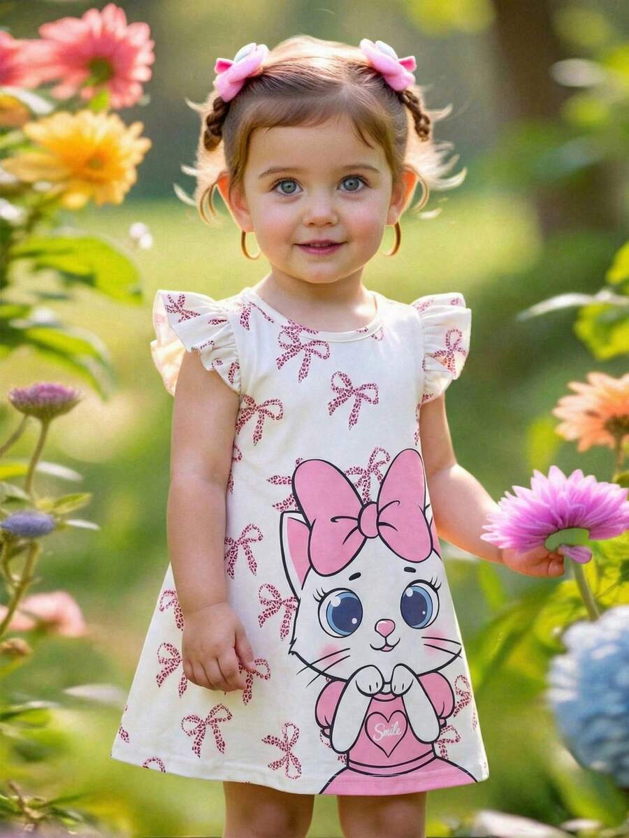 Baby Girls Cute Cartoon Cat Print Dress, Loose Fit Princess Style Cap Sleeve Summer Dress, Fashionable Baby Girl Clothing Kitty Cat Dresses Dresses For Girls Dresses Baby Girl Summer Dresses Kitty Dress - Multicolor - View 1