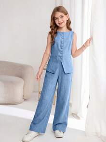 SHEIN Serisse Kids 少女通勤休闲纯色无袖背心上衣和直筒裤套装 - 藍色 - 查看 7