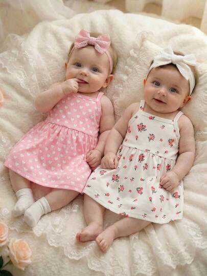 SHEIN 两件套夏季新生女宝宝套装：粉色爱心印花吊带连衣裙搭配白色碎花吊带连衣裙，面料舒适，可爱甜美，简约清新