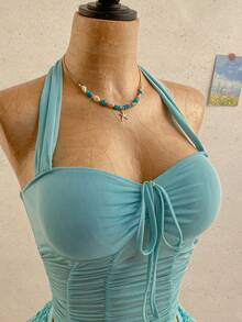 Soleia 女士春夏休闲度假褶皱雪纺吊带蝴蝶结背心+多层荷叶边半裙，适合复活节、海滩、邮轮、城市度假 - 水鴨藍 - 查看 3