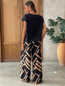 EMERY ROSE Bộ đồ 2 món dành cho nữ, kiểu dáng thường ngày, gồm áo màu trơn và quần họa tiết hình học, thích hợp cho kỳ nghỉ. - Nhiều màu - Xem 2