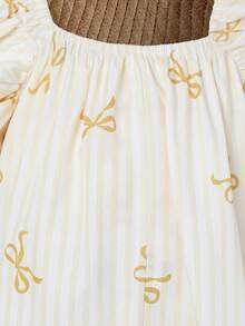 Baby Girl Summer Cute Yellow & White Striped Bow Ruffle Romper Yellow Vintage Baby Girl Clothes Ruffle Sleeve Baby Top 2pcs Set Toddler Girls Cute Vintage Style Bow Print Baby Clothes - Yellow - View 4