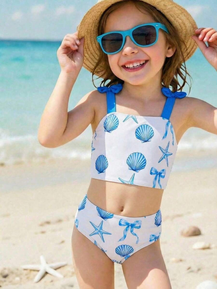 SHEIN 两件套少女几何图案针织泳衣套装 - 藍色 - 查看 1