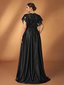 Serin Đầm cưới cỡ lớn sang trọng, lãng mạn màu đen, cổ tròn, tay bồng, đính sequin và đá quý, dáng chữ A, phù hợp cho đám cưới, tiệc tùng, dạ hội, hoặc đầm dành cho mẹ cô dâu. - màu đen - Xem 5