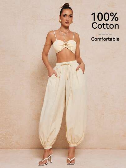 Lumalex 100% Cotton Beach New Spring And Summer Casual Holiday Bowknot Shoulder Straps Chest-Wrapped Heart Collar Cropped Top + Wide-Leg Super Trousers Apricot Women's Two Pieces Set, Women's Casual Set, CottonSet, Summer Set Apricot,Metallic Vacations Beach Music Festival Deep V Neck Elastic Flowy Dress For Women, Elegant  Perfect For Summer, Easter, Vacation, Holiday, Spring-Break Trips, Cruises, Beach Weekends, Vacations, Parties, Date Nights, Honey Moon, Weddings, Proms, Banquets, Birthdays, Carnivals, Festivals, And Other Holiday Events, Neo-Girly Charm, Boho-Casual Flair, Quiet Luxury, Business Chic, And Relaxed Vacay Elegance, Style For Luxury Proms, Receptions, Banquets, Weddings, Raves, Festivals, Holiday Gatherings, Outdoor Evening Occasions-Ideal, Party Looks