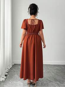 Elenzga Plus Size Women's Solid Color Sweetheart Neck Casual Spring/Summer Vacation French Retro Elegant Commuter Dress - Coral Orange - View 2