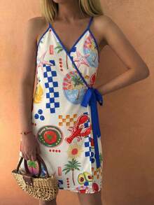 Selianne Women's Tropical Lobster Print Spaghetti Strap Mini Wrap Dress, New Spring/Summer Vacation/Casual Wear - Multicolor - View 3