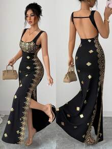 SHEIN Raffinéa Women's Shiny Gold & Black Summer New Dress, Square Neck Spaghetti Strap Backless Slit Hem Fitted High Waist Dress, Suitable For Party, Wedding, Business Banquet, Daily Occasions, Gala, Wedding Party, Holiday Attire - Black - View 7