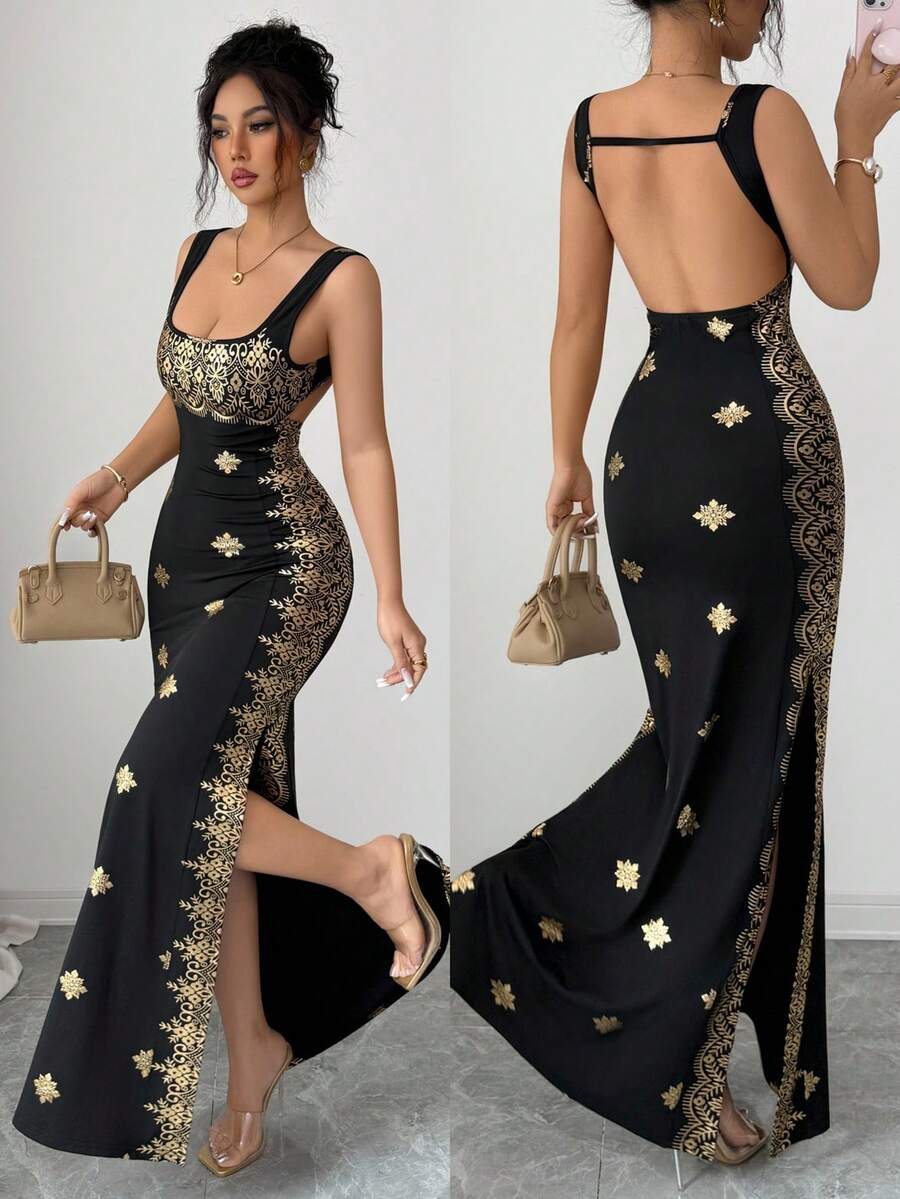 SHEIN Raffinéa 女士亮金色和黑色夏季新款连衣裙，方领吊带露背开衩下摆修身高腰连衣裙，适合派对、婚礼、商务宴会、日常场合、盛会、婚宴、假日着装 - 黑色 - 查看 1