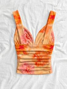 Soleia 女士优雅度假系带褶皱修身吊带背心，橙色扎染水彩花卉印花图案，适合度假、约会、下午茶、海滩、邮轮、城市旅行、海岛度假、音乐节、波西米亚风度假等场合，可内穿或外穿 - 彩色 - 查看 2