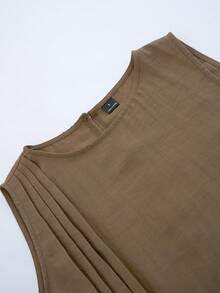 Aalyst Women's Olive Green Summer Effortless Chic Vacation Holiday Linen Blend Sleeveless Pleated Irregular Hem Long Shirt & Wide Leg Pants Two Pieces Set - Army Green - View 3