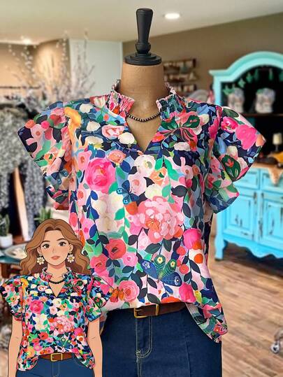 EMERY ROSE Plus Size Colorful Print Casual Shirt Summer Tops Summer Outfits Summer Clothes  Spring  Spring Outfit Women Spring Clothes Country Style For Women