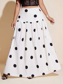 Viva Relle 大码优雅高腰波点印花半身裙 - 杏色 - 查看 6