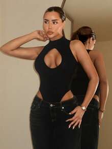 SHEIN ICON 女士性感纯色镂空无袖连体衣，夏季 - 黑色 - 查看 6