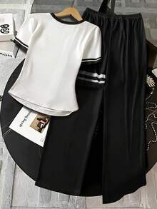 一件式短袖休闲印花春夏少女夏季通勤套装，运动休闲直筒裤，短袖轻便舒适两件套。 - 黑與白 - 查看 2