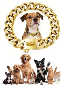 Strong Stainless Steel Dog Collar, Golden Cuban Chain, Buckle Lock, Pet Training Collar, Metal Necklace - Gold - View 1