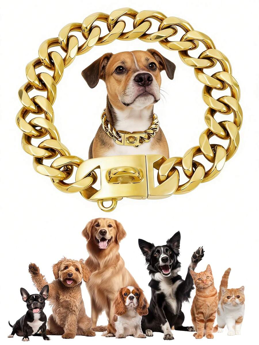 Strong Stainless Steel Dog Collar, Golden Cuban Chain, Buckle Lock, Pet Training Collar, Metal Necklace - Gold - View 1