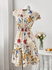 Sweetra Cute Cap Sleeve Fitted Floral Print Cake Dress, Spring/Summer - Apricot - View 2