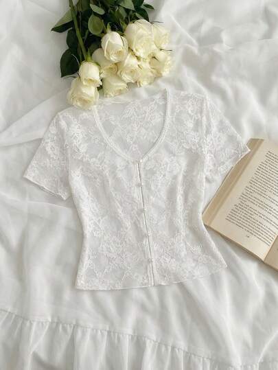 SHEIN MOD 女士蕾丝单排扣休闲百搭日常短袖T恤