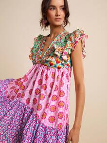 LOTSLUV Gaun Pendek Wanita Model A-Line Leher V dengan Motif Patchwork Bunga Merah Muda dan Kontras, Cocok untuk Musim Panas, Gaya Boho, Pesta Taman, Liburan, dan Liburan Elegan. - MultiWarna - View 5