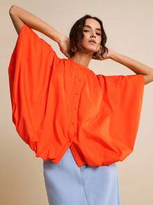 LOTSLUV 女士橙色宽松休闲蝙蝠袖衬衫，春夏款 - 橘色 - 查看 1