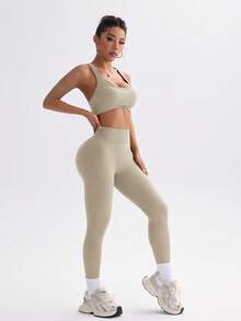 Easithlete Easithlete 2件組女款素色後綁帶細肩帶上衣與緊身褲運動套裝，米色夏季性感健身休閒運動瑜伽服 - 奶油白 - 查看 4