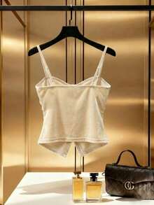 Franclia New Arrival Spring/Summer Fashionable & Sweet Design Velvet Glossy Camisole Pleated Button Women T-Shirt - Apricot - View 2