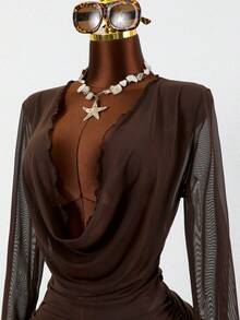 Swim Vcay 女士卡其色性感网纱长袖透视沙滩罩衫泳衣 - 咖啡棕 - 查看 4