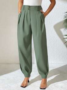 Xyvia Women's Elegant High-Waisted Double-Buckle Pleated Straight-Leg Casual Pants, Suitable For Spring And Autumn - Green - View 6