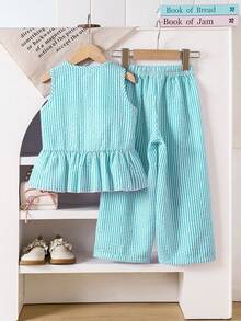 Elladie kids 少女条纹圆领蝴蝶结装饰荷叶边上衣搭配阔腿裤，休闲日常穿搭 - 藍色 - 查看 2